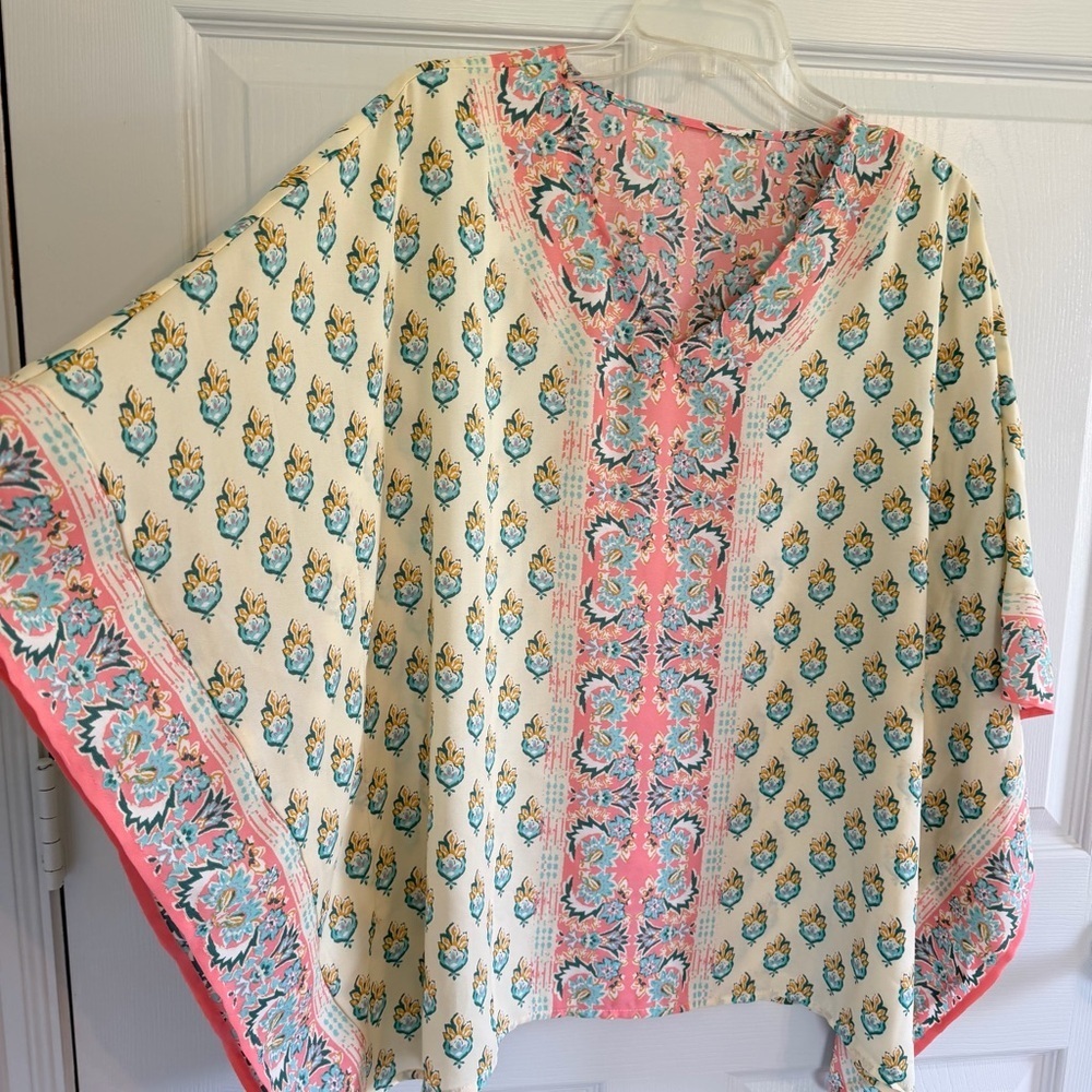 Boho Floral Kim gravel Kimono Top Cream Pink Blue Caftan Blouse One Size